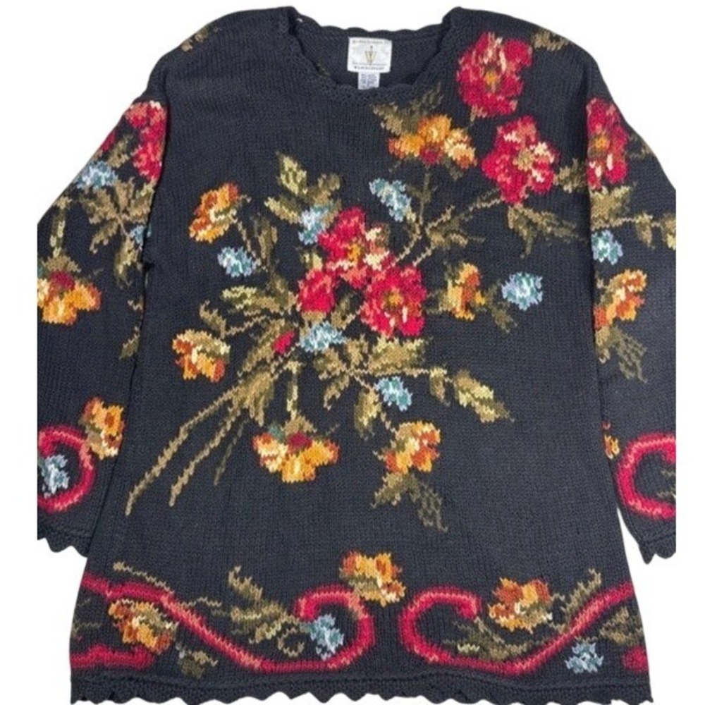 Vtg Womens Weathervane Black Floral Handknit Sweater Grandma Cottage Core Size M